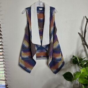 Hem‎ & Thread Vest Medium Blue Southwestern Navajo Print Sherpa Lined Open Front